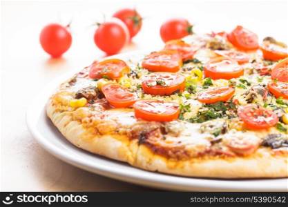 Pizza with cherry tomatoes and dry basil on the ceramic white plate closeup