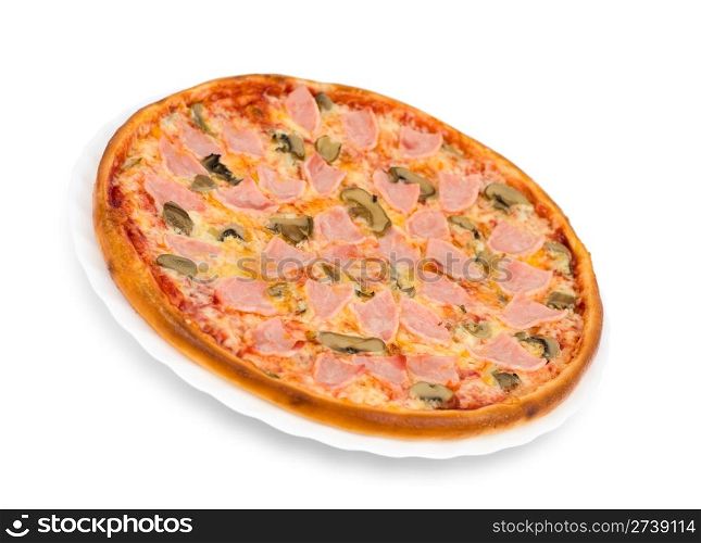 pizza with ham and mushrooms, clipping path
