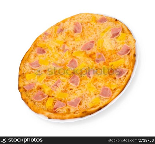 pizza with ham and pineapple, isolated on white, clipping path