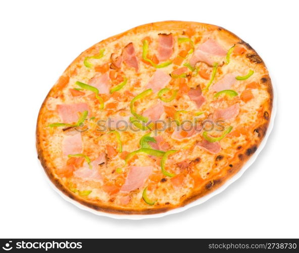 pizza with ham, green paprika and tomatoes, clipping path