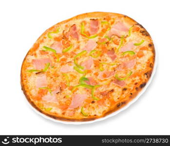 pizza with ham, green paprika and tomatoes, clipping path