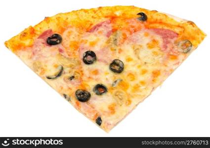 pizza with ham, mushrooms and black olives, a quarter, isolated