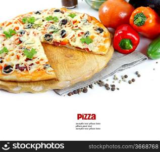 Pizza with ham, pepper and olives over white