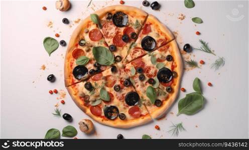 Pizza with ingredients top view. Light background. Pizza with ingredients top view.