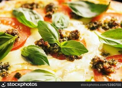 pizza with mozzarella, tomatos and green basil pesto, closeup view