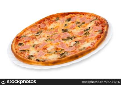 pizza with mushrooms and bacon, clipping path