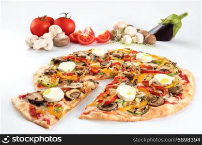 Pizza with mushrooms and mozzarella with its ingredients in the white background