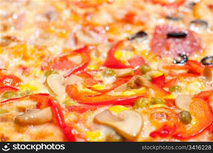 pizza with mushrooms, corn and peas, macro