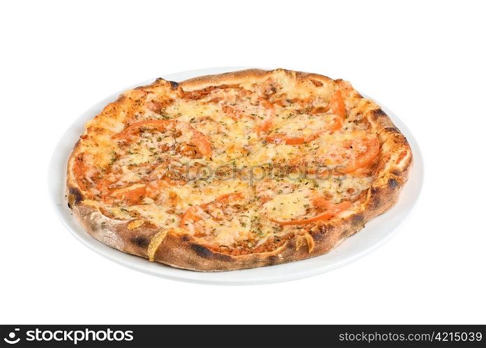 Pizza with mushrooms, ham isolated on white background