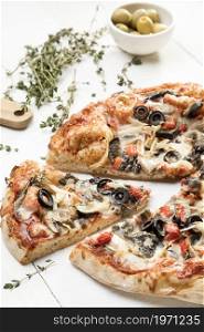pizza with olives vegetables. High resolution photo. pizza with olives vegetables. High quality photo