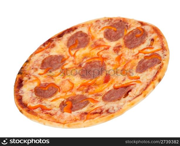 pizza with peperoni and red paprika, isolated on white, clipping path