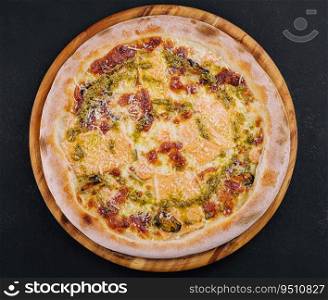 pizza with salmon and mussels top view