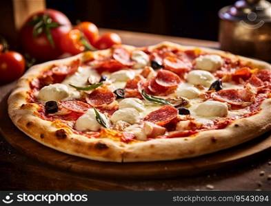 Pizza with sausage and mozzarella and sauce on wooden table.Macro.AI Generative.