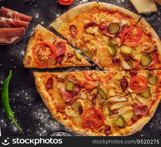 pizza with sausage, ham and chicken