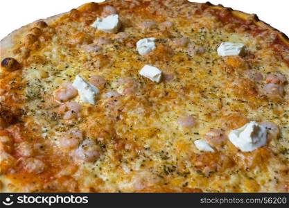 Pizza with shrimp cream fraiche, cheese, tomatoes and Pesto Sauce.