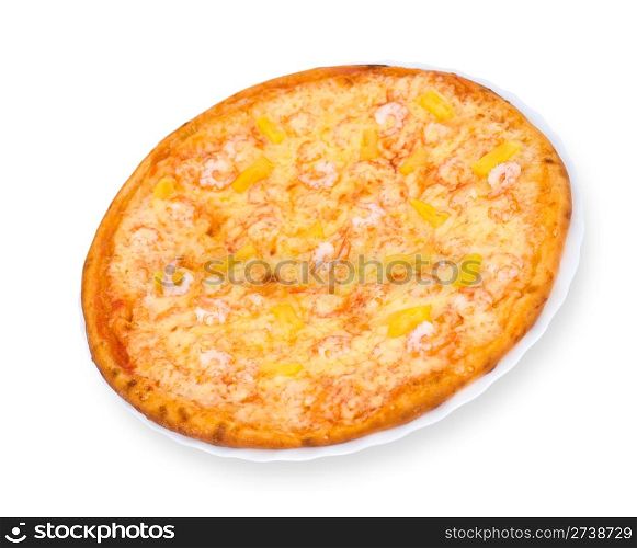 pizza with shrimps and pineapple, isolated on white, clipping path