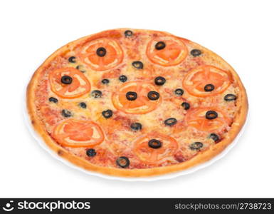 pizza with tomato and black olive rings, clipping path