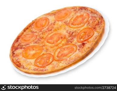 pizza with tomato rings, clipping path, over white background