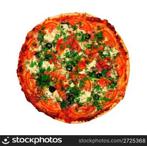 pizza with tomatoes and greens isolated on white