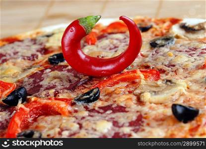 pizza with tomatoes, cheese, black olives and chili pepper