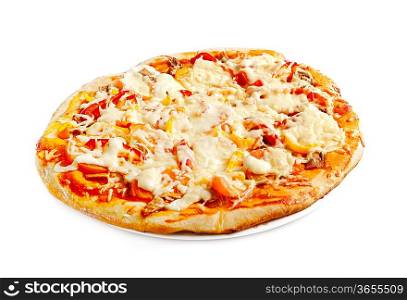 Pizza with tuna and paprika isolated over white background.