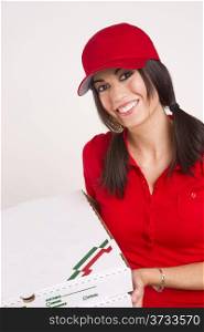Pizza Woman in Red Uniform Brings Food for Dinner