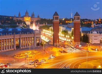 Placa Espanya in Barcelona, Catalonia, Spain. Aerial View on Placa Espanya and Montjuic Hill with National Art Museum of Catalonia in Barcelona at sunset, Catalonia, Spain