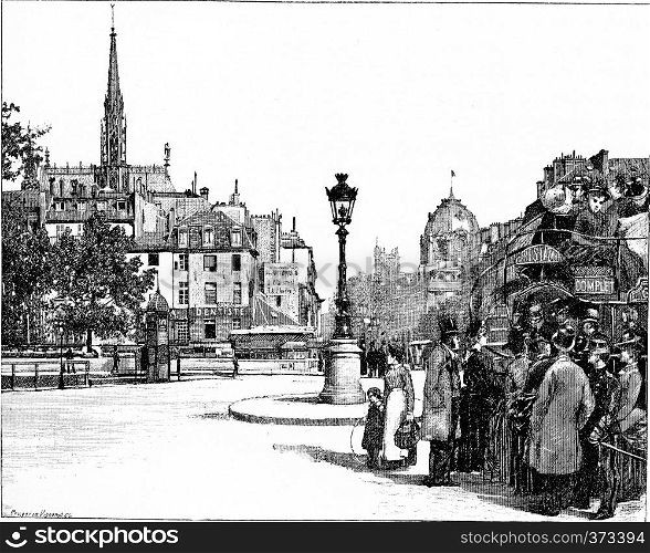 Place and Pont Saint-Michel, vintage engraved illustration. Paris - Auguste VITU ? 1890.