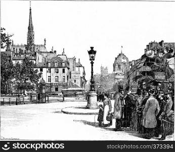 Place and Pont Saint-Michel, vintage engraved illustration. Paris - Auguste VITU ? 1890.