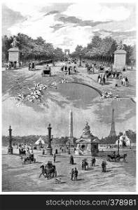 Place de la Concorde and Champs-Elysees avenue, vintage engraved illustration. Paris - Auguste VITU ? 1890.