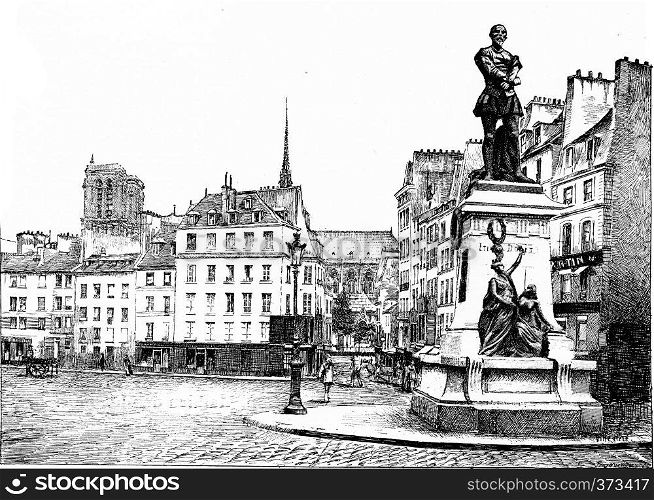 Place Maubert and statue of Etienne Dolet, vintage engraved illustration. Paris - Auguste VITU ? 1890.
