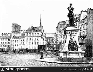 Place Maubert and statue of Etienne Dolet, vintage engraved illustration. Paris - Auguste VITU ? 1890.