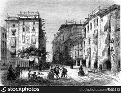 Place of San Agustin Bella, vintage engraved illustration. Magasin Pittoresque 1857.
