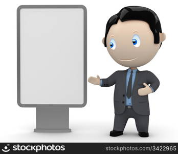 Place your text / logo / product on a blank citylight copyspace. Social 3D characters: businessman in suit pointing at the blank rectangular space. New constantly growing collection of expressive unique multiuse people images. Concept for multiuse illustr. Place your text / logo / product on a blank citylight copyspace. Social 3D characters: businessman in suit pointing at the blank rectangular space. New constantly growing collection of expressive unique multiuse people images. Concept for multiuse illustration. Isolated.
