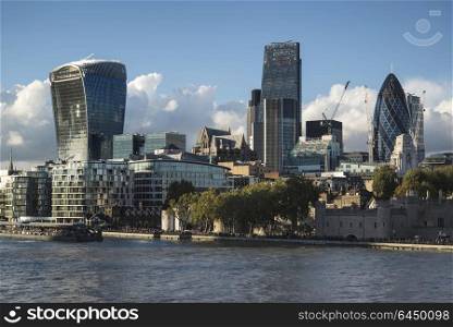 Places. Landscape of City of London on Summer day with vibrant blue sky