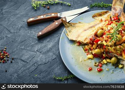 Plaice flounder or flat-fish baked with vegetables. Fried fish with vegetable filling. Fried plaice with vegetables