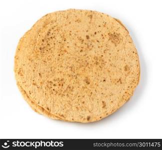 Plain tortilla wrap isolated on white from above.