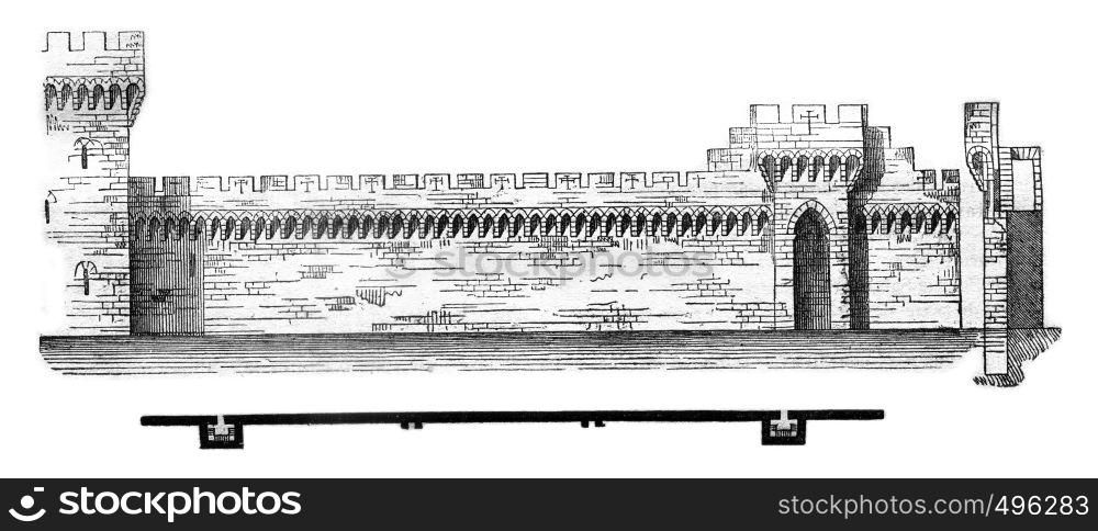 Plan and section of the city walls of Avignon, vintage engraved illustration. Magasin Pittoresque 1841.
