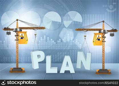 Plan and strategy concept with crane lifting letters