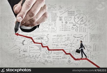 Plan for income rise. Businesswoman walking on rising graph arrow and sketches on background
