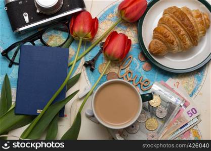 Plan of trip. background - what to take for a trip. map, retro camera, money, coins, croissant, coffee, tulips, love, Eiffel Tower, sunglasses