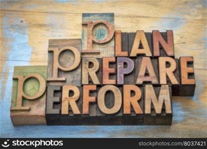 plan, prepare, perform - motivational word abstract in vintage letterpress wood type