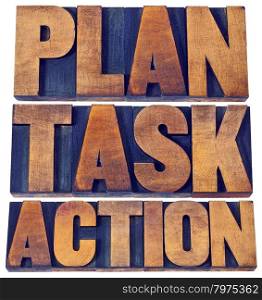 plan, task, action word abstract - isolated text in vintage letterpress wood type blocks stained by inks