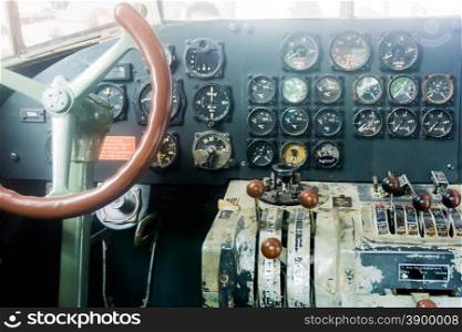 Plane cockpit. old aircraft interior
