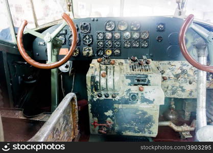 Plane cockpit. old aircraft interior