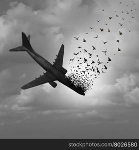 Plane Disappearance and missing flight concept as a plunging crashing airplane falling apart in the sky and tranforming into flying birds as a metaphor for aviation tragedy with 3D illustration elements.