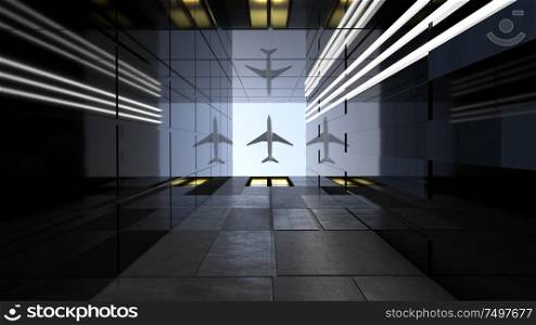 Plane flying over generic modern glass and concrete office buildings . Concepts of finances and economics background. 3d rendering .