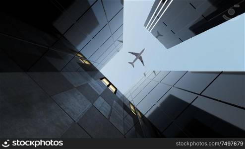 Plane flying over generic modern glass and concrete office buildings . Concepts of finances and economics background. 3d rendering .