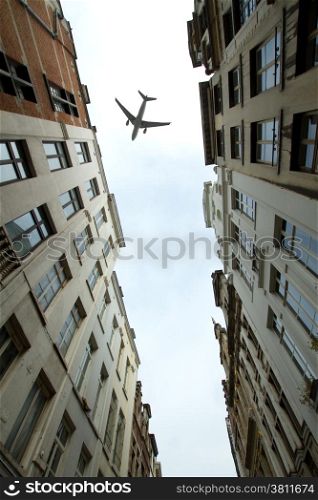 plane over the city of Brussels tilt - shift