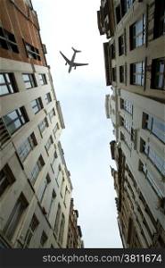 plane over the city of Brussels tilt - shift